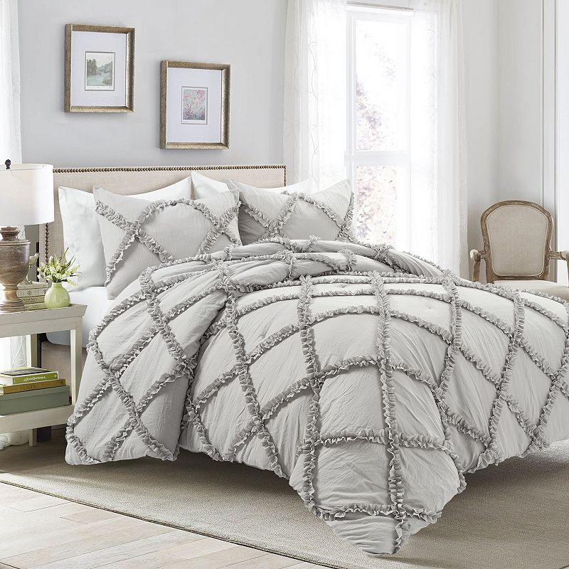 Lush Decor Ruffle Diamond Comforter Set, Grey, Full/Queen