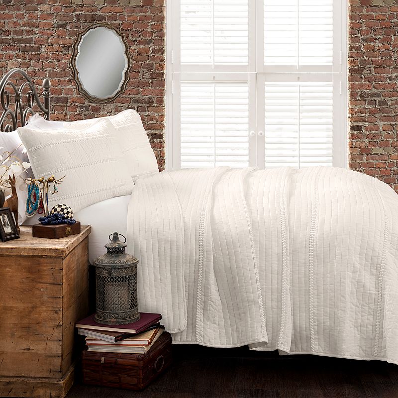 Lush Decor Pom Pom Stripe Quilt Set, White, Full/Queen