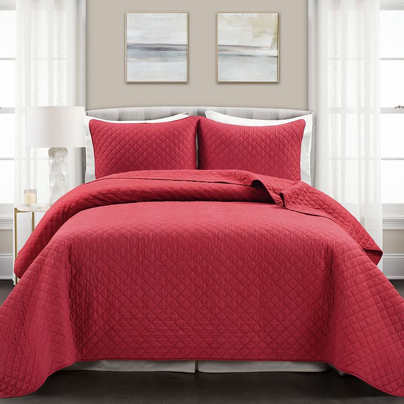 Lush Decor Ava Diamond Oversized Cotton Quilt Set, Red, King