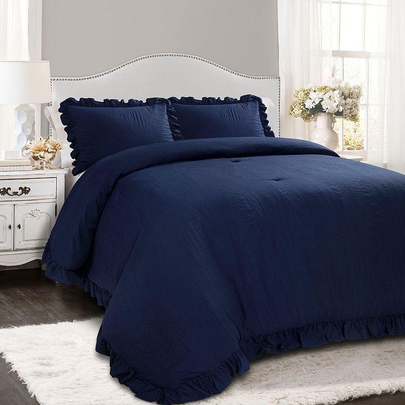 3pc full/queen reyna comforter & sham set navy - lush décor: microfiber, oeko-tex certified, ruffled