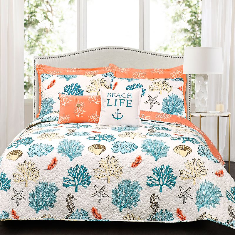 54136530 Lush Decor Coastal Reef Feather Quilt Set, Blue, F sku 54136530