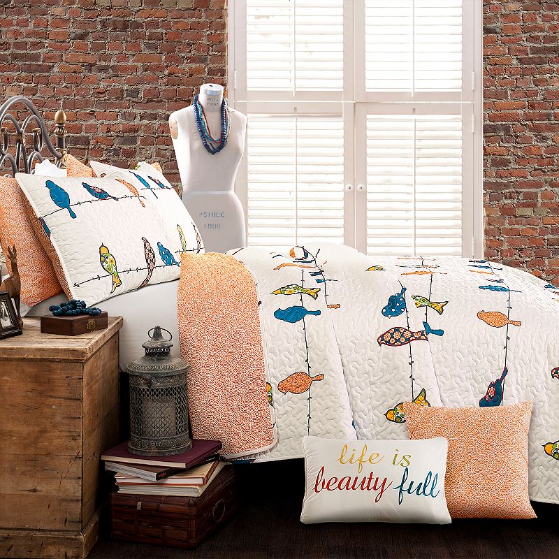 7pc King Rowley Birds Quilt Set Orange/Dark Blue/White - Lush Décor: Polyester Coverlet with Cotton Fill