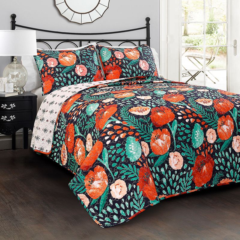 Lush Decor Poppy Garden Quilt Set, Blue, King