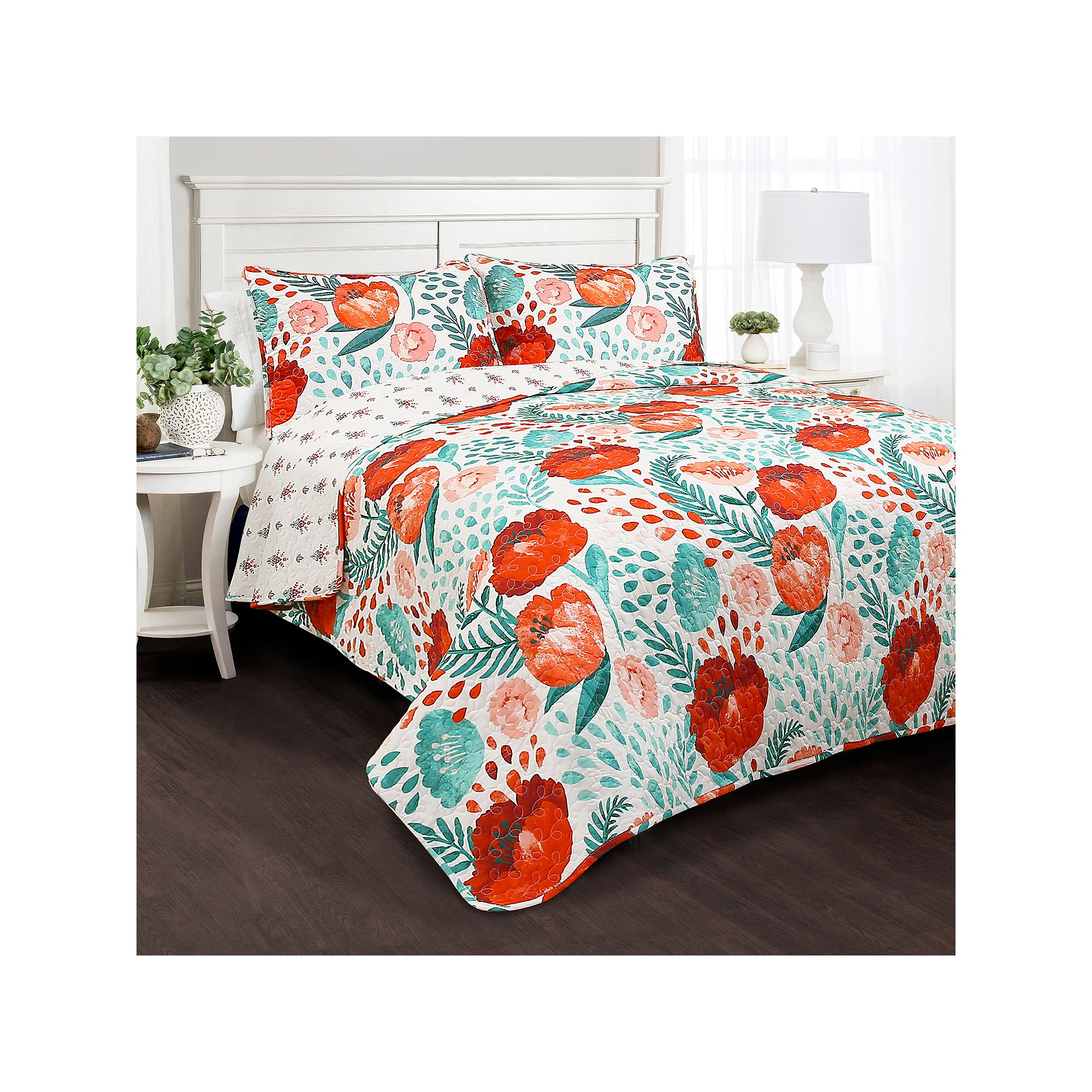 Lush Decor Poppy Garden Quilt Set, White Floral