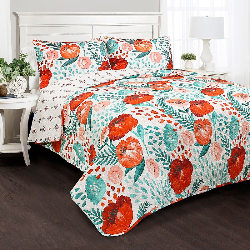 Lush Decor Poppy Garden Quilt Set, White Floral, Full/Queen