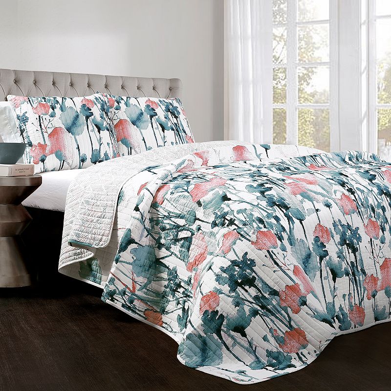 Lush Decor Zuri Flora Quilt Set, Blue, King