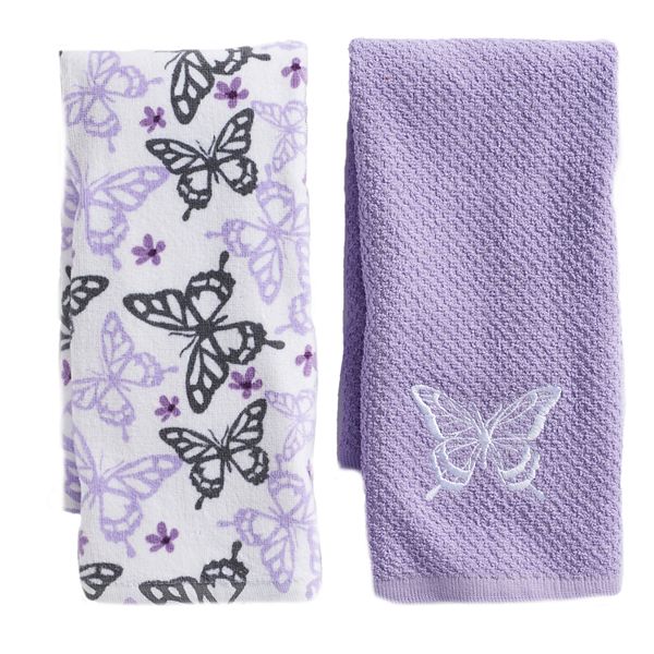 2PC SET FINGERTIP TOWELS KOHL'S CLASSIC BUTTERFLY GREEN PURPLE EMBROIDERED 