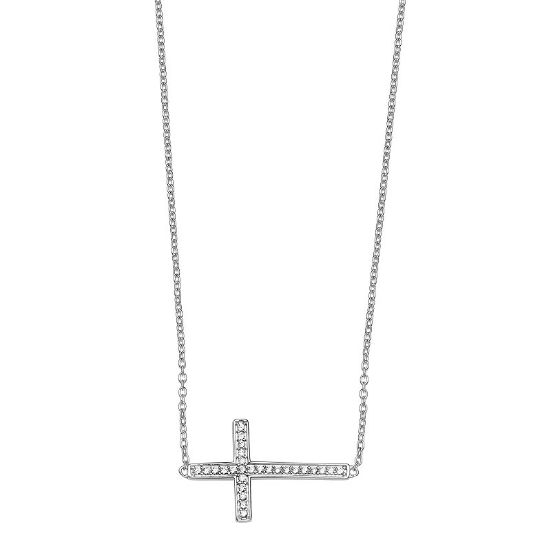 PRIMROSE Sterling Silver Cubic Zirconia Sideways Cross Necklace, Womens, 