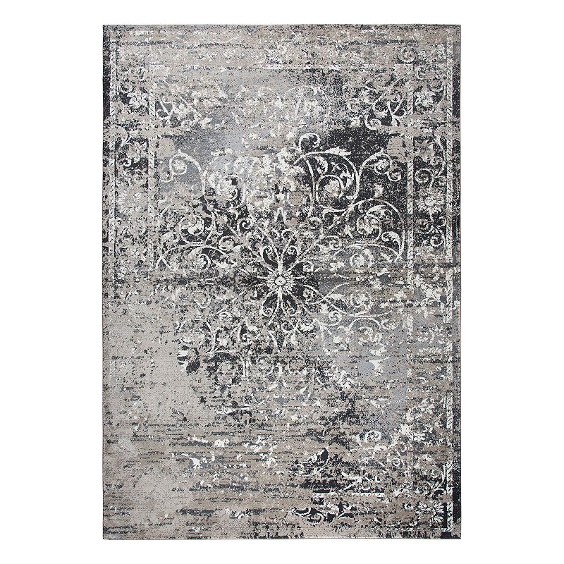 Rizzy Home Panache Transitional Central Medallion Scroll Work Distressed Geometric Rug, Med Grey, 8X11 Ft