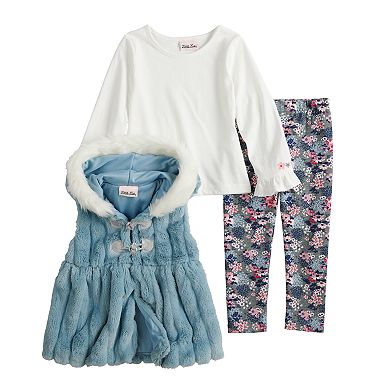 Toddler Girl Little Lass Ruffled Tee, Hooded Plush Vest & Floral Leggings Set