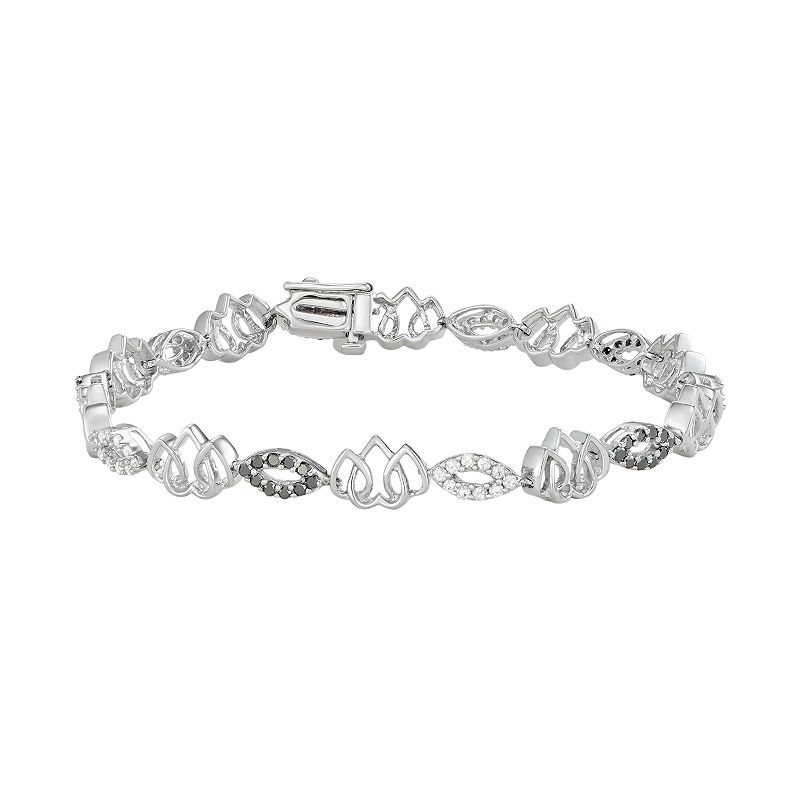 Sterling Silver 1 Carat T.W. Black & White Diamond Triple Heart Bracelet, 