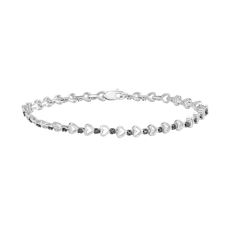 Sterling Silver 1/6 Carat T.W. Blue Diamond Heart Link Bracelet, Womens, 