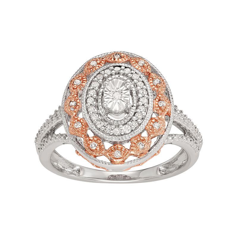Two Tone Sterling Silver 1/6 Carat T.W. Diamond Halo Ring, Womens, Size: 5