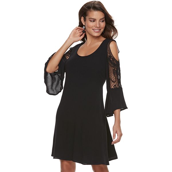 Nina Leonard Womens BLACK Crochet Cold-Shoulder Swing Dress Fit