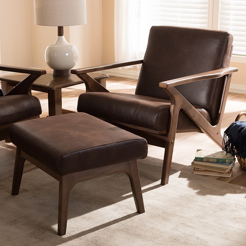 Baxton Studio Bianca Mid-Century Arm Chair & Ottoman 2-piece Set, Dark Brow