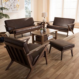 Baxton Studio Bianca Mid-Century Sofa, Loveseat, Chair & Ottoman 4 pc Set