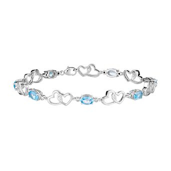 10k White Gold Swiss Blue Topaz & 1/6 Carat T.W. Diamond Double Heart Link Bracelet