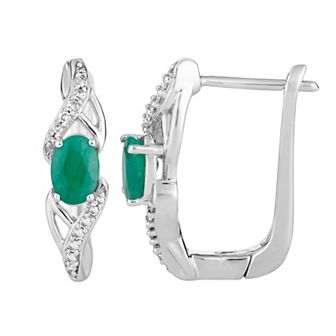 10k White Gold Emerald & 1/10 Carat T.W. Diamond Latch Back Earrings