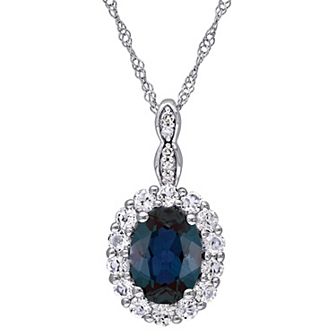 Stella Grace 14k White Gold Simulated Alexandrite White Topaz Halo Pendant Necklace
