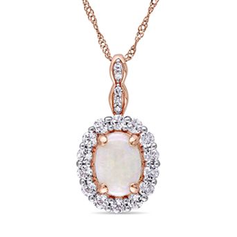 Stella Grace 14k Rose Gold White Opal White Topaz Halo Pendant Necklace