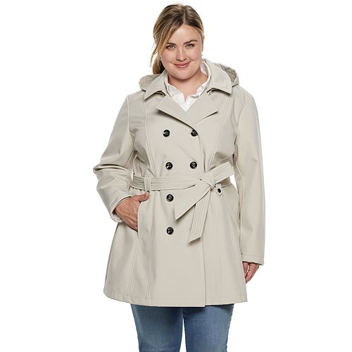 Plus Size Sebby Collection Double-Breasted Hooded Soft Shell Jacket