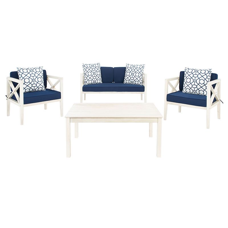 Safavieh Nunzio Indoor / Outdoor Loveseat, Arm Chair, Throw Pillow & Coffee Table 8-piece Set, White Navy
