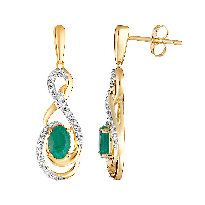 10k Gold Emerald & 1/5 Carat T.W. Diamond Drop Earrings, Womens, Green