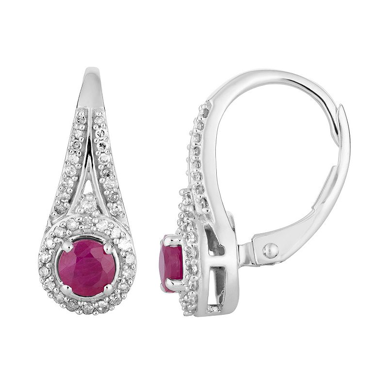 10k White Gold Ruby & 1/4 Carat T.W. Diamond Leverback Earrings, Womens, R