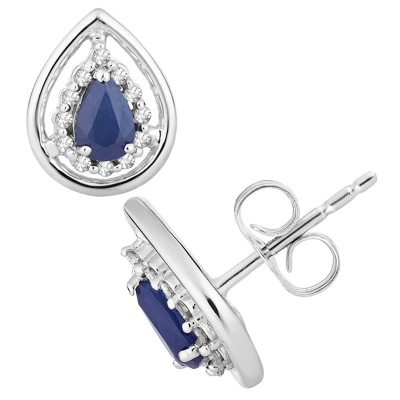 10k White Gold Sapphire & 1/8 Carat T.W. Diamond Teardrop Earrings, Womens