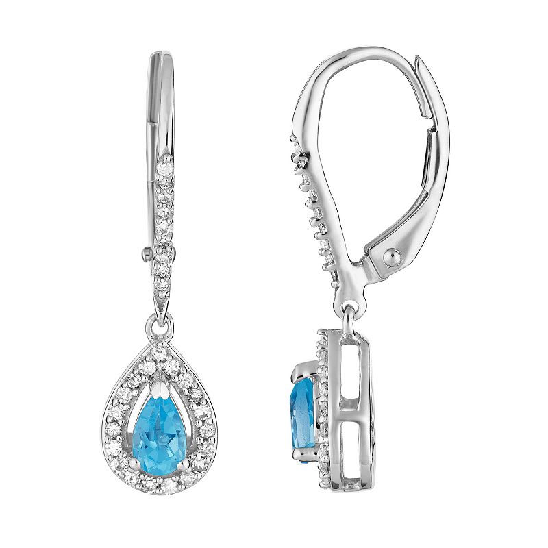 10k White Gold Swiss Blue Topaz & 1/5 Carat T.W. Diamond Teardrop Earrings,