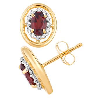 10k Gold Garnet & 1/8 Carat T.W. Diamond Oval Stud Earrings