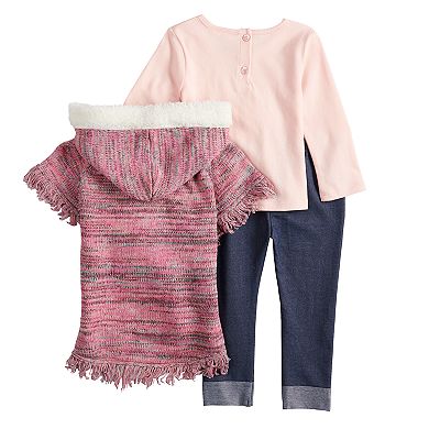 Baby Girl Little Lass Cable-Knit Hooded Sweater, "Little Princess" Tee & Cuffed Jeggings Set