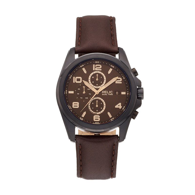Relic by Fossil Men's Daley Leather Dual Time Watch - ZR15946, Size: Medium, Brown