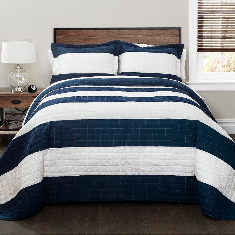 Lush Decor New Berlin Stripe Cotton Quilt  Full/Queen  Navy/White  3-Pc Set