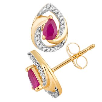 10k Gold Ruby & 1/10 Carat T.W. Diamond Teardrop Stud Earrings