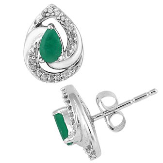 10k White Gold Emerald & 1/10 Carat T.W. Diamond Earrings