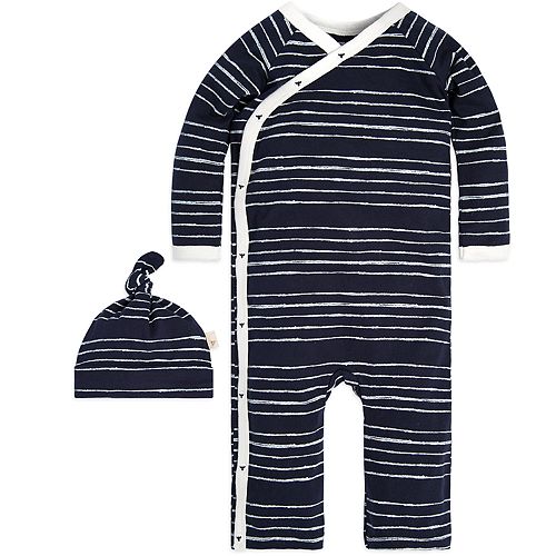 Baby Boy Burt's Bees Baby Organic Striped Kimono Coverall & Hat Set
