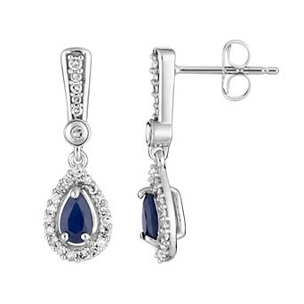 LOVEABLES 10k White Gold Sapphire & 1/5 Carat T.W. Diamond Halo Drop Earrings