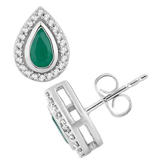 10k White Gold Emerald & 1/8 Carat T.W. Diamond Teardrop Halo Stud Earrings