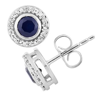 LOVEABLES 10k White Gold Sapphire & 1/8 Carat T.W. Diamond Halo Stud Earrings