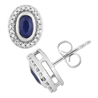 10k White Gold Sapphire & 1/8 Carat T.W. Diamond Oval Halo Stud Earrings