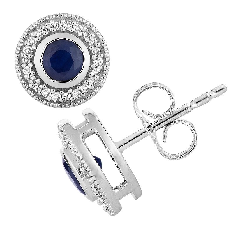 10k White Gold Sapphire & 1/5 Carat T.W. Diamond Milgrain Halo Stud Earring