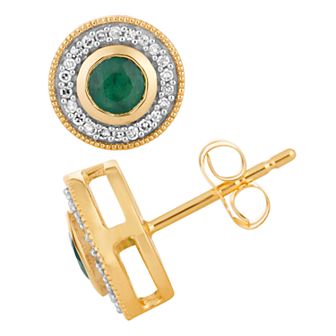 10k Gold Emerald & 1/5 Carat T.W. Diamond Milgrain Halo Stud Earrings