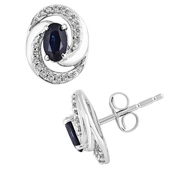 10k White Gold Sapphire & 1/10 Carat T.W. Diamond Swirl Stud Earrings