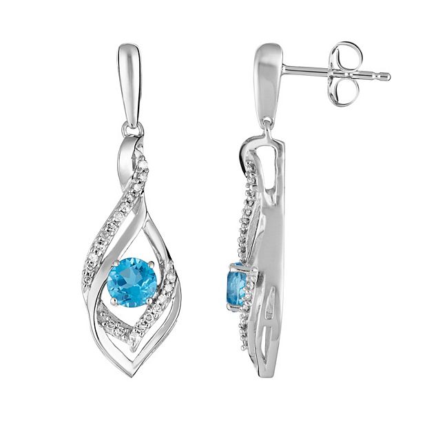 10k White Gold Swiss Blue Topaz 1 8 Carat T.W. Diamond Drop Earrings