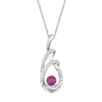10k White Gold Ruby & 1/8 Carat T.W. Diamond Drop Pendant Necklace