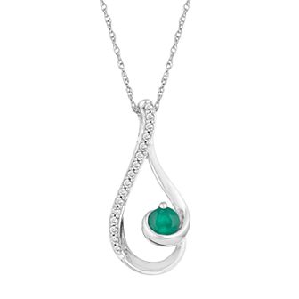 10k White Gold Emerald & 1/10 Carat Diamond Teardrop Pendant Necklace