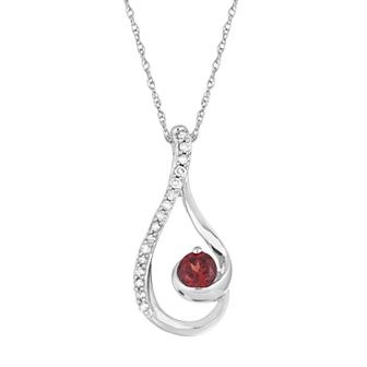 10k White Gold Garnet & 1/10 Carat T.W. Diamond Teardrop Pendant Necklace
