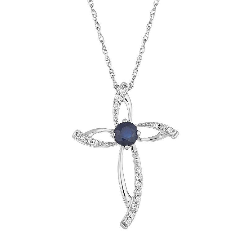 10k Gold Sapphire & 1/10 Carat T.W. Diamond Cross Pendant Necklace, Women