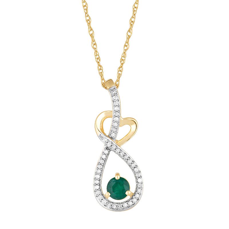 10k Gold Emerald & 1/8 Carat T.W. Diamond Heart Drop Pendant, Womens, Siz